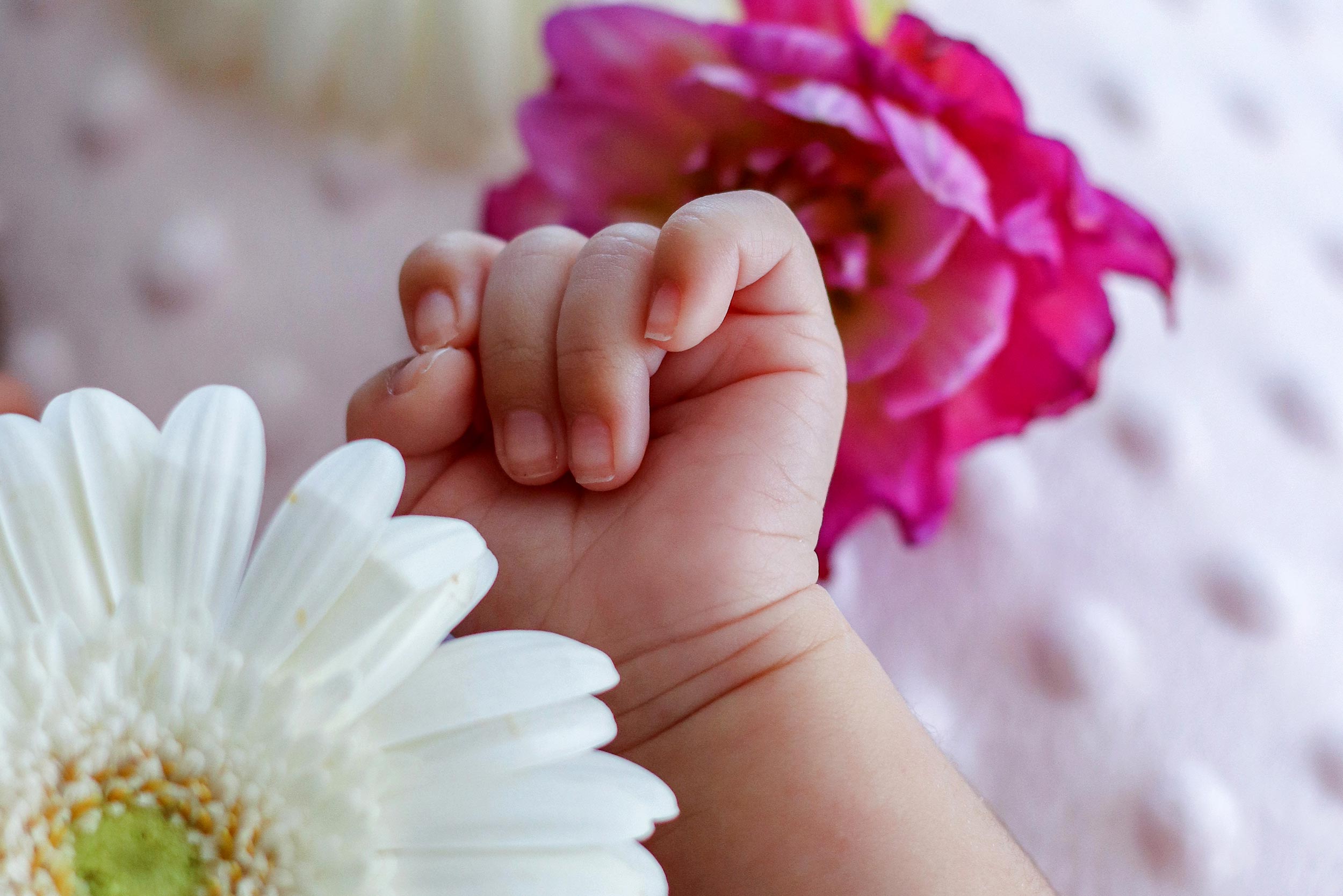 main bébé 1 mois fleurs